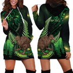 Kiwi New Zealand Personalised Hoodie Dress Aotearoa Map Silver Fern Koru Pattern