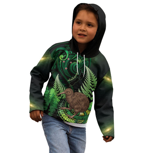 Kiwi New Zealand Personalised Kid Hoodie Aotearoa Map Silver Fern Koru Pattern