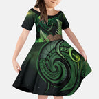 Kiwi New Zealand Personalised Kid Short Sleeve Dress Aotearoa Map Silver Fern Koru Pattern