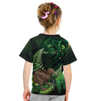 Kiwi New Zealand Personalised Kid T Shirt Aotearoa Map Silver Fern Koru Pattern
