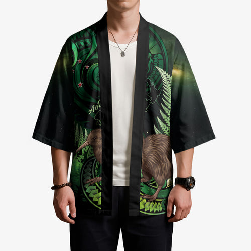 Kiwi New Zealand Personalised Kimono Aotearoa Map Silver Fern Koru Pattern