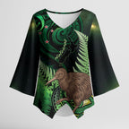 Kiwi New Zealand Personalised Kimono Sleeve Blouse Aotearoa Map Silver Fern Koru Pattern