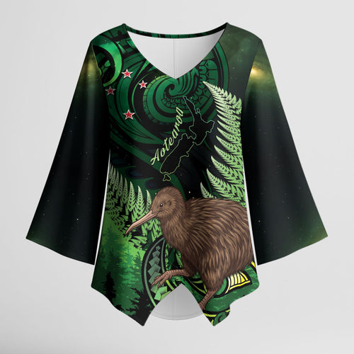 Kiwi New Zealand Personalised Kimono Sleeve Blouse Aotearoa Map Silver Fern Koru Pattern