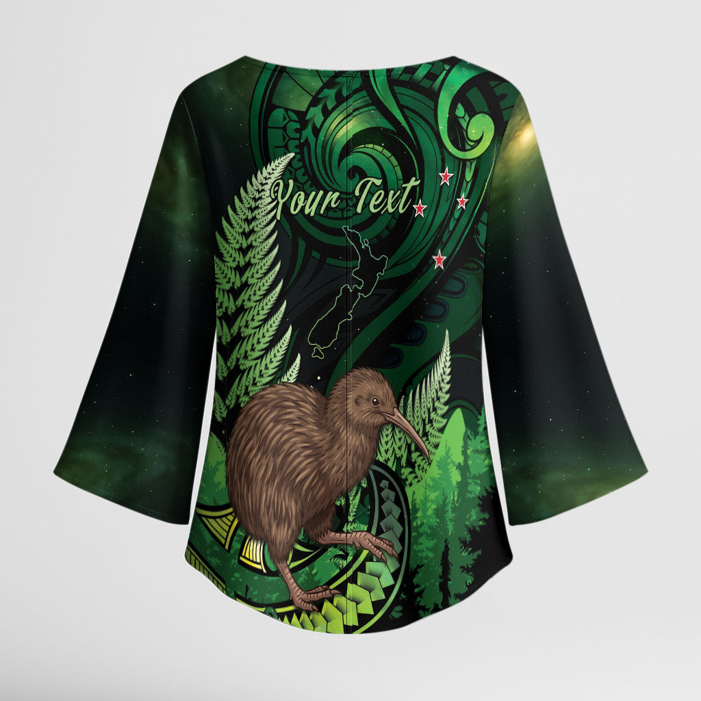 Kiwi New Zealand Personalised Kimono Sleeve Blouse Aotearoa Map Silver Fern Koru Pattern