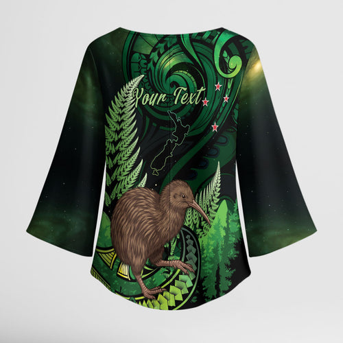 Kiwi New Zealand Personalised Kimono Sleeve Blouse Aotearoa Map Silver Fern Koru Pattern
