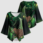Kiwi New Zealand Personalised Kimono Sleeve Blouse Aotearoa Map Silver Fern Koru Pattern