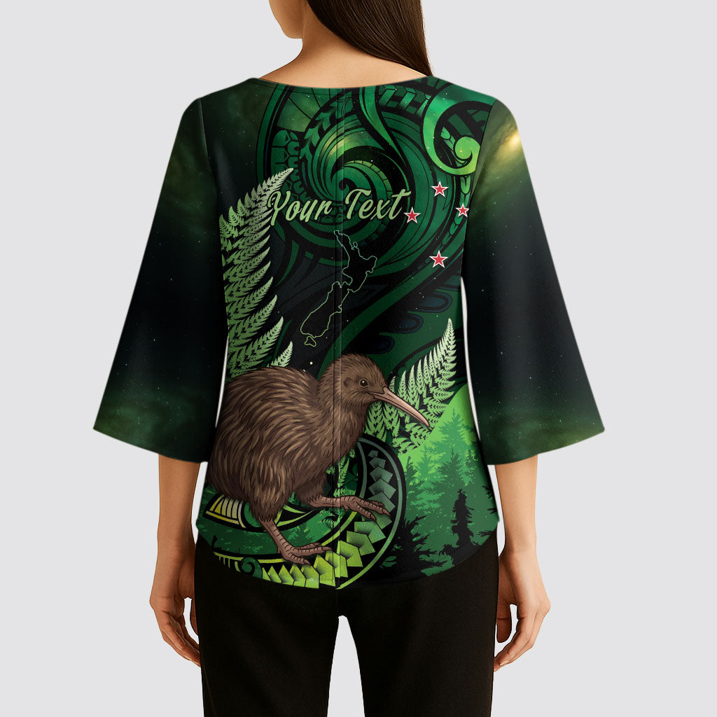 Kiwi New Zealand Personalised Kimono Sleeve Blouse Aotearoa Map Silver Fern Koru Pattern