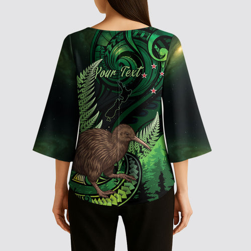 Kiwi New Zealand Personalised Kimono Sleeve Blouse Aotearoa Map Silver Fern Koru Pattern