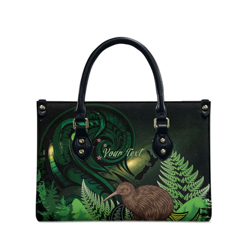 Kiwi New Zealand Personalised Leather Bag Aotearoa Map Silver Fern Koru Pattern