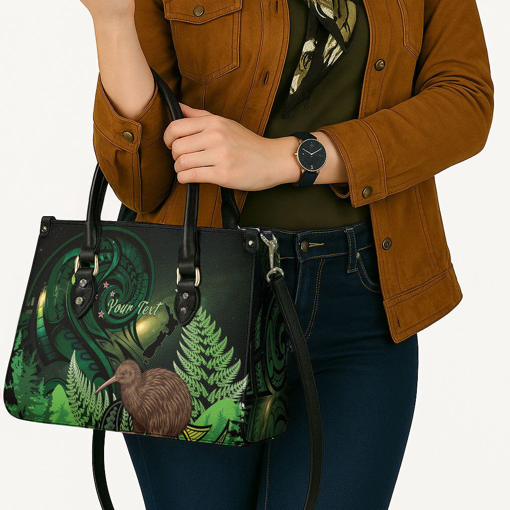 Kiwi New Zealand Personalised Leather Bag Aotearoa Map Silver Fern Koru Pattern