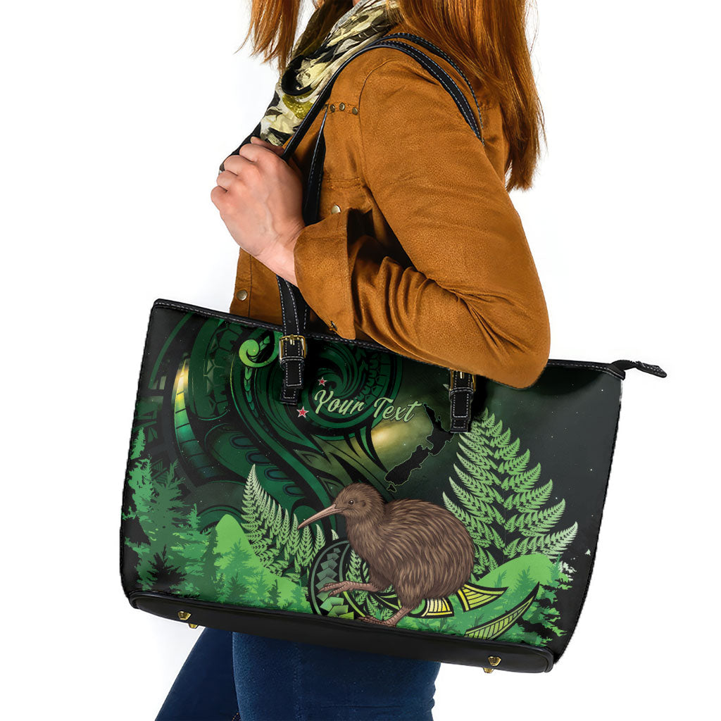 Kiwi New Zealand Personalised Leather Tote Bag Aotearoa Map Silver Fern Koru Pattern