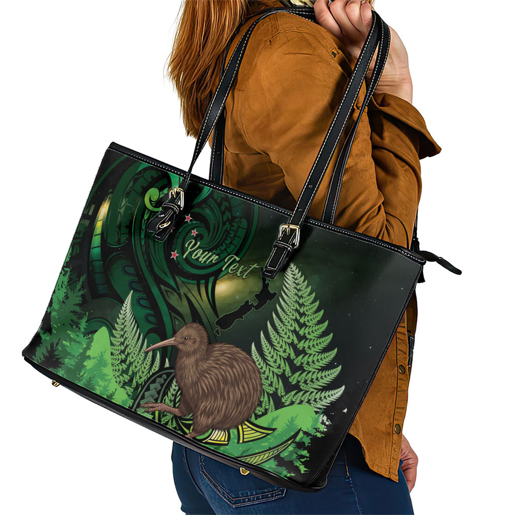 Kiwi New Zealand Personalised Leather Tote Bag Aotearoa Map Silver Fern Koru Pattern