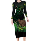 Kiwi New Zealand Personalised Long Sleeve Bodycon Dress Aotearoa Map Silver Fern Koru Pattern