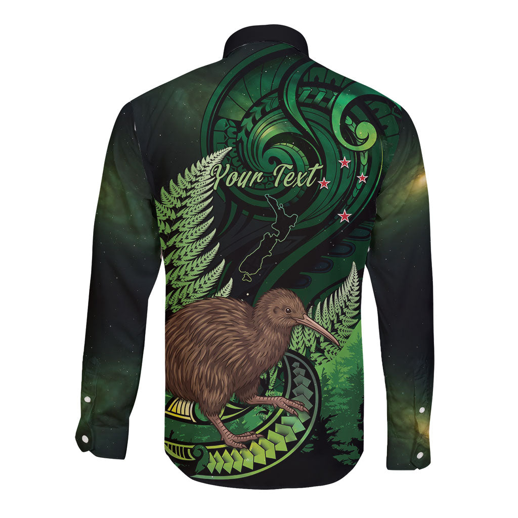Kiwi New Zealand Personalised Long Sleeve Button Shirt Aotearoa Map Silver Fern Koru Pattern
