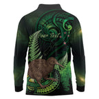 Kiwi New Zealand Personalised Long Sleeve Polo Shirt Aotearoa Map Silver Fern Koru Pattern