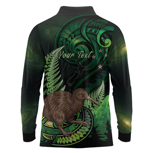 Kiwi New Zealand Personalised Long Sleeve Polo Shirt Aotearoa Map Silver Fern Koru Pattern