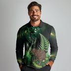 Kiwi New Zealand Personalised Long Sleeve Polo Shirt Aotearoa Map Silver Fern Koru Pattern