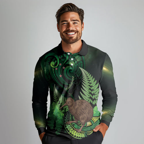 Kiwi New Zealand Personalised Long Sleeve Polo Shirt Aotearoa Map Silver Fern Koru Pattern