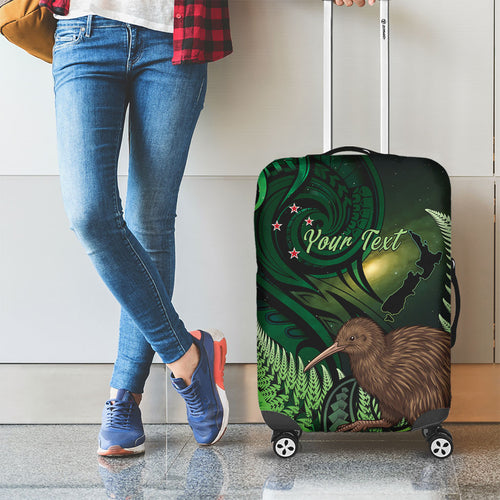 Kiwi New Zealand Personalised Luggage Cover Aotearoa Map Silver Fern Koru Pattern