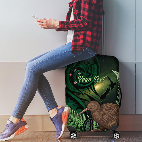 Kiwi New Zealand Personalised Luggage Cover Aotearoa Map Silver Fern Koru Pattern