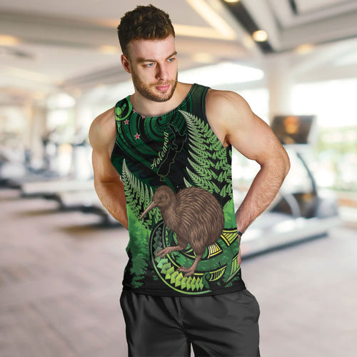 Kiwi New Zealand Personalised Men Tank Top Aotearoa Map Silver Fern Koru Pattern