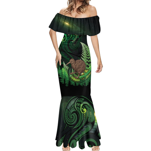 Kiwi New Zealand Personalised Mermaid Dress Aotearoa Map Silver Fern Koru Pattern