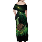 Kiwi New Zealand Personalised Off Shoulder Maxi Dress Aotearoa Map Silver Fern Koru Pattern