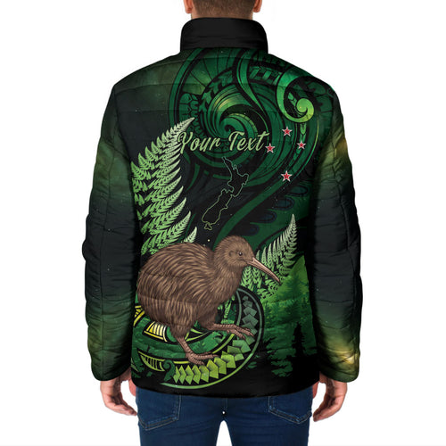 Kiwi New Zealand Personalised Padded Jacket Aotearoa Map Silver Fern Koru Pattern