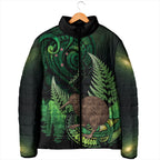 Kiwi New Zealand Personalised Padded Jacket Aotearoa Map Silver Fern Koru Pattern