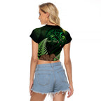 Kiwi New Zealand Personalised Raglan Cropped T Shirt Aotearoa Map Silver Fern Koru Pattern