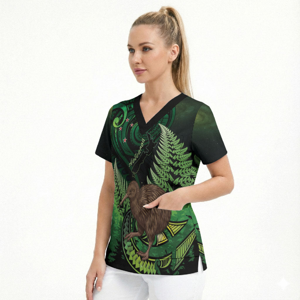 Kiwi New Zealand Personalised Scrub Top Aotearoa Map Silver Fern Koru Pattern