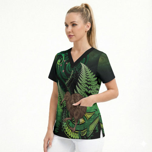 Kiwi New Zealand Personalised Scrub Top Aotearoa Map Silver Fern Koru Pattern