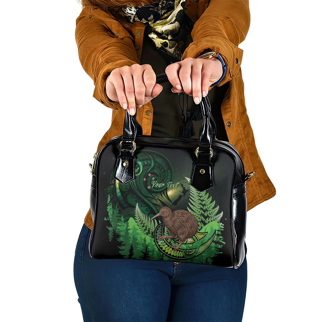 Kiwi New Zealand Personalised Shoulder Handbag Aotearoa Map Silver Fern Koru Pattern