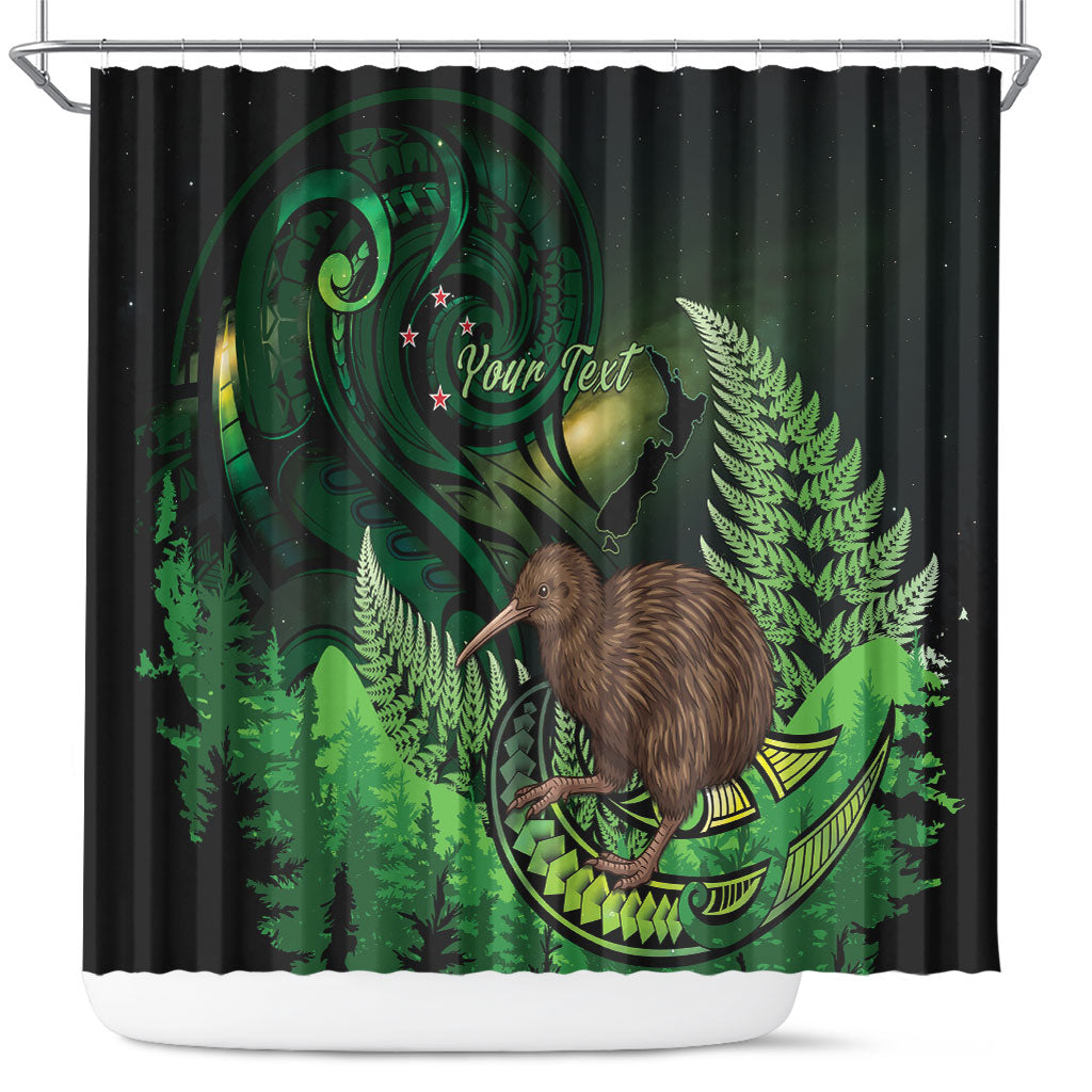 Kiwi New Zealand Personalised Shower Curtain Aotearoa Map Silver Fern Koru Pattern