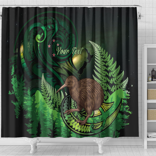 Kiwi New Zealand Personalised Shower Curtain Aotearoa Map Silver Fern Koru Pattern