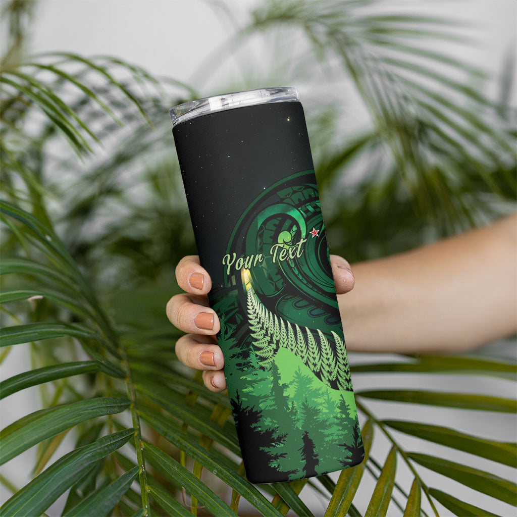 Kiwi New Zealand Personalised Skinny Tumbler Aotearoa Map Silver Fern Koru Pattern