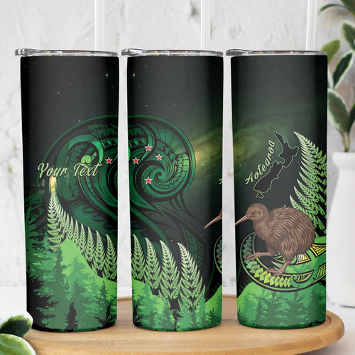 Kiwi New Zealand Personalised Skinny Tumbler Aotearoa Map Silver Fern Koru Pattern