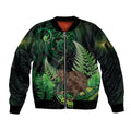 Kiwi New Zealand Personalised Sleeve Zip Bomber Jacket Aotearoa Map Silver Fern Koru Pattern