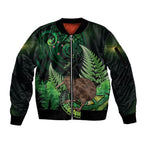 Kiwi New Zealand Personalised Sleeve Zip Bomber Jacket Aotearoa Map Silver Fern Koru Pattern