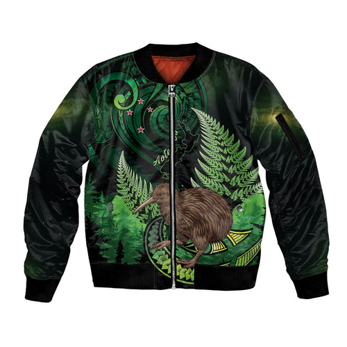 Kiwi New Zealand Personalised Sleeve Zip Bomber Jacket Aotearoa Map Silver Fern Koru Pattern