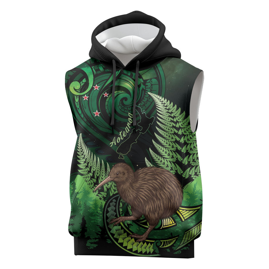 Kiwi New Zealand Personalised Sleeveless Hoodie Aotearoa Map Silver Fern Koru Pattern