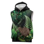 Kiwi New Zealand Personalised Sleeveless Hoodie Aotearoa Map Silver Fern Koru Pattern