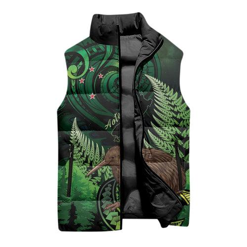 Kiwi New Zealand Personalised Sleeveless Puffer Jacket Aotearoa Map Silver Fern Koru Pattern