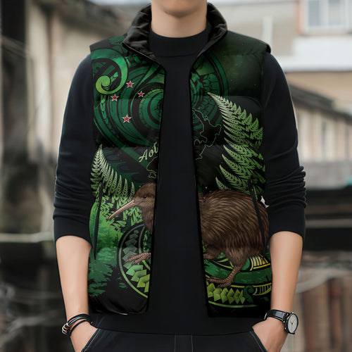 Kiwi New Zealand Personalised Sleeveless Puffer Jacket Aotearoa Map Silver Fern Koru Pattern