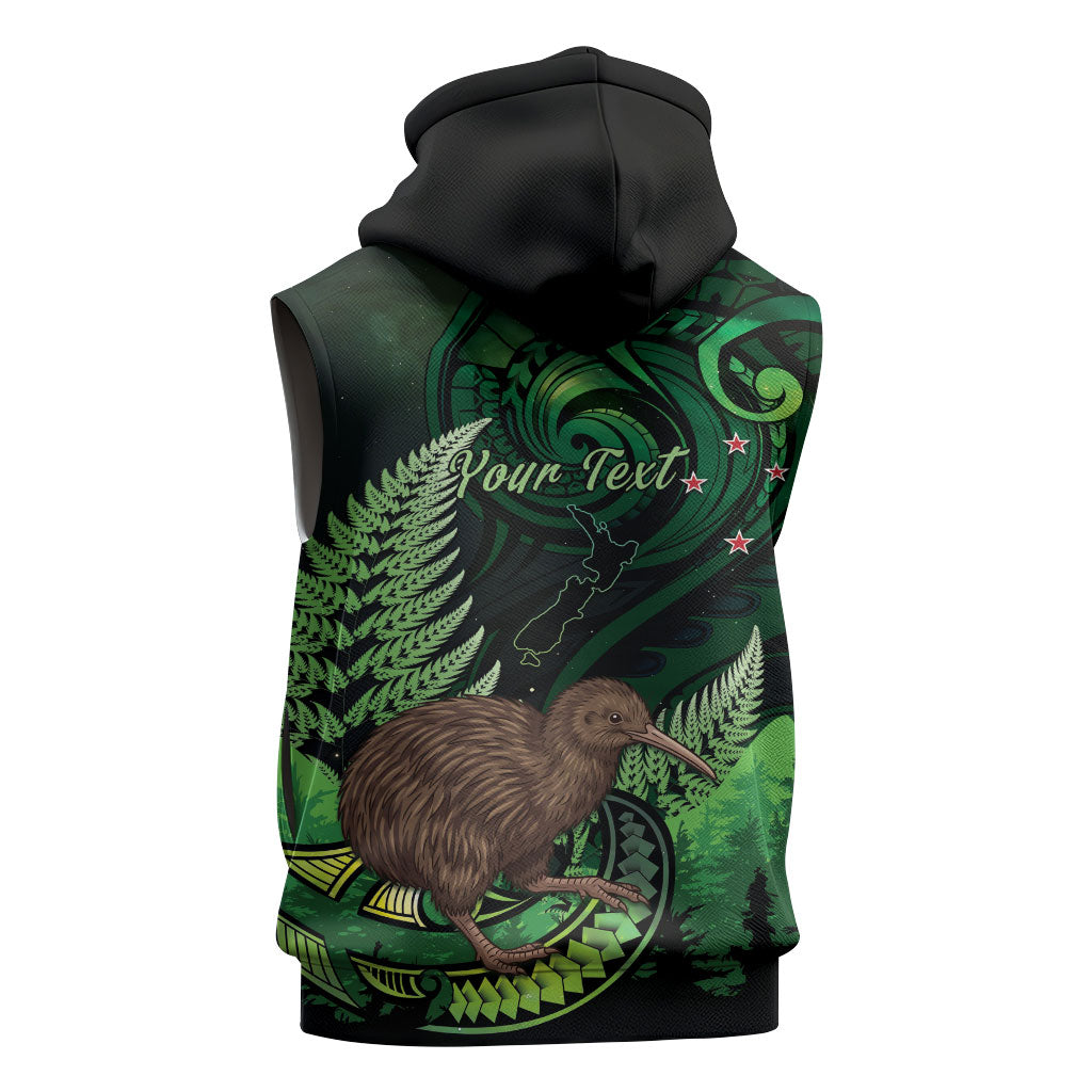 Kiwi New Zealand Personalised Sleeveless Zip Hoodie Aotearoa Map Silver Fern Koru Pattern