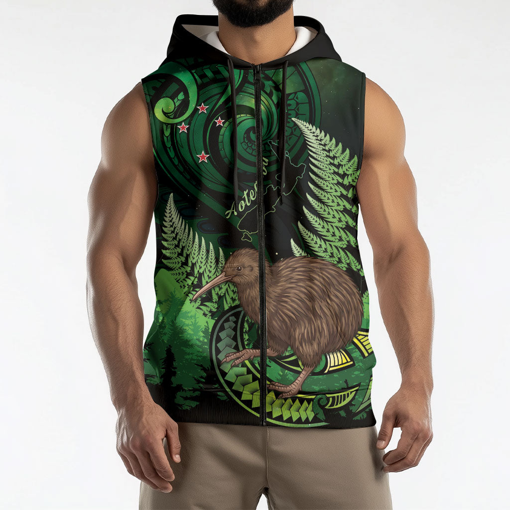 Kiwi New Zealand Personalised Sleeveless Zip Hoodie Aotearoa Map Silver Fern Koru Pattern
