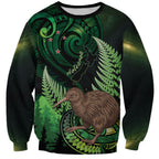 Kiwi New Zealand Personalised Sweatshirt Aotearoa Map Silver Fern Koru Pattern