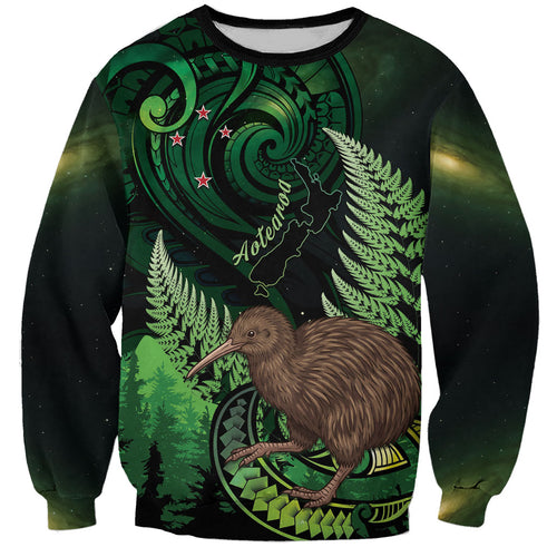 Kiwi New Zealand Personalised Sweatshirt Aotearoa Map Silver Fern Koru Pattern
