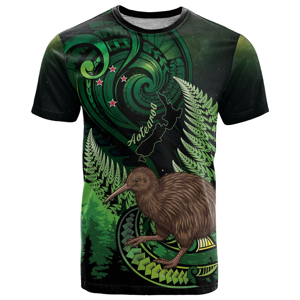 Kiwi New Zealand Personalised T Shirt Aotearoa Map Silver Fern Koru Pattern