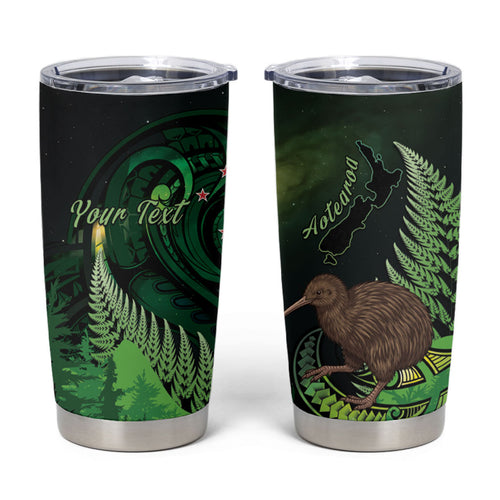 Kiwi New Zealand Personalised Tumbler Cup Aotearoa Map Silver Fern Koru Pattern